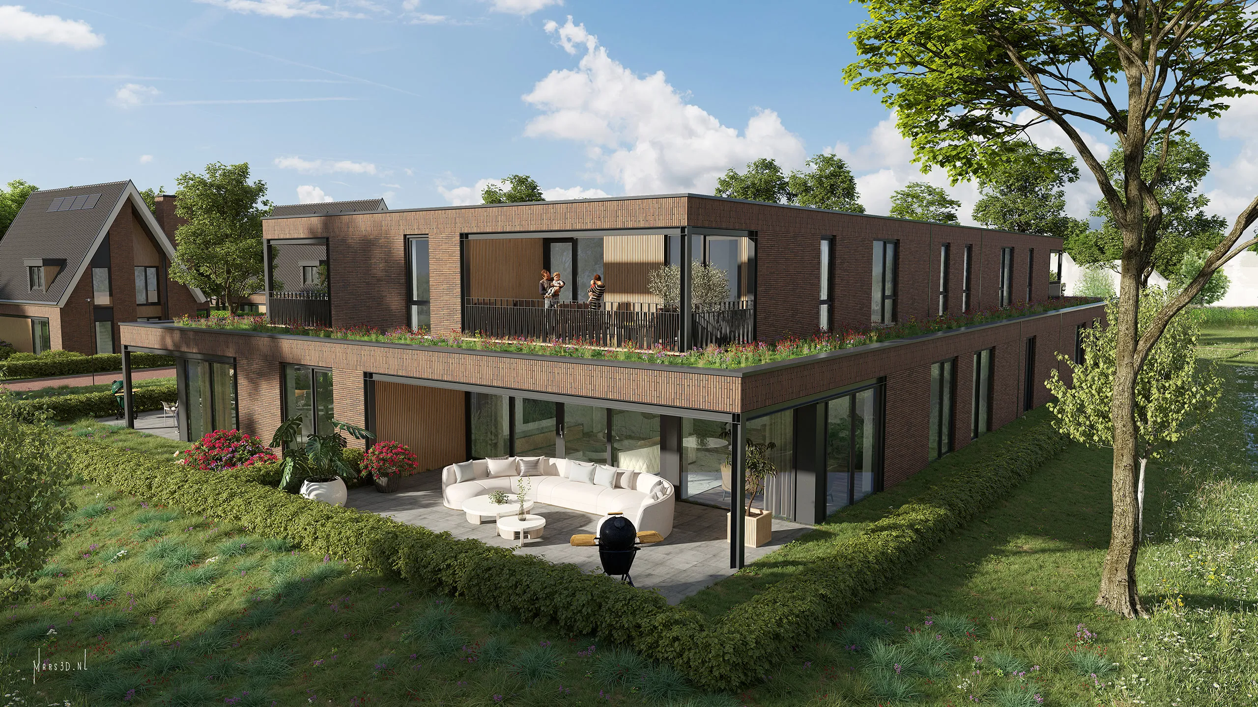 Royale geschakelde villa’s met groene buitenruimtes en privéparkeergarage.