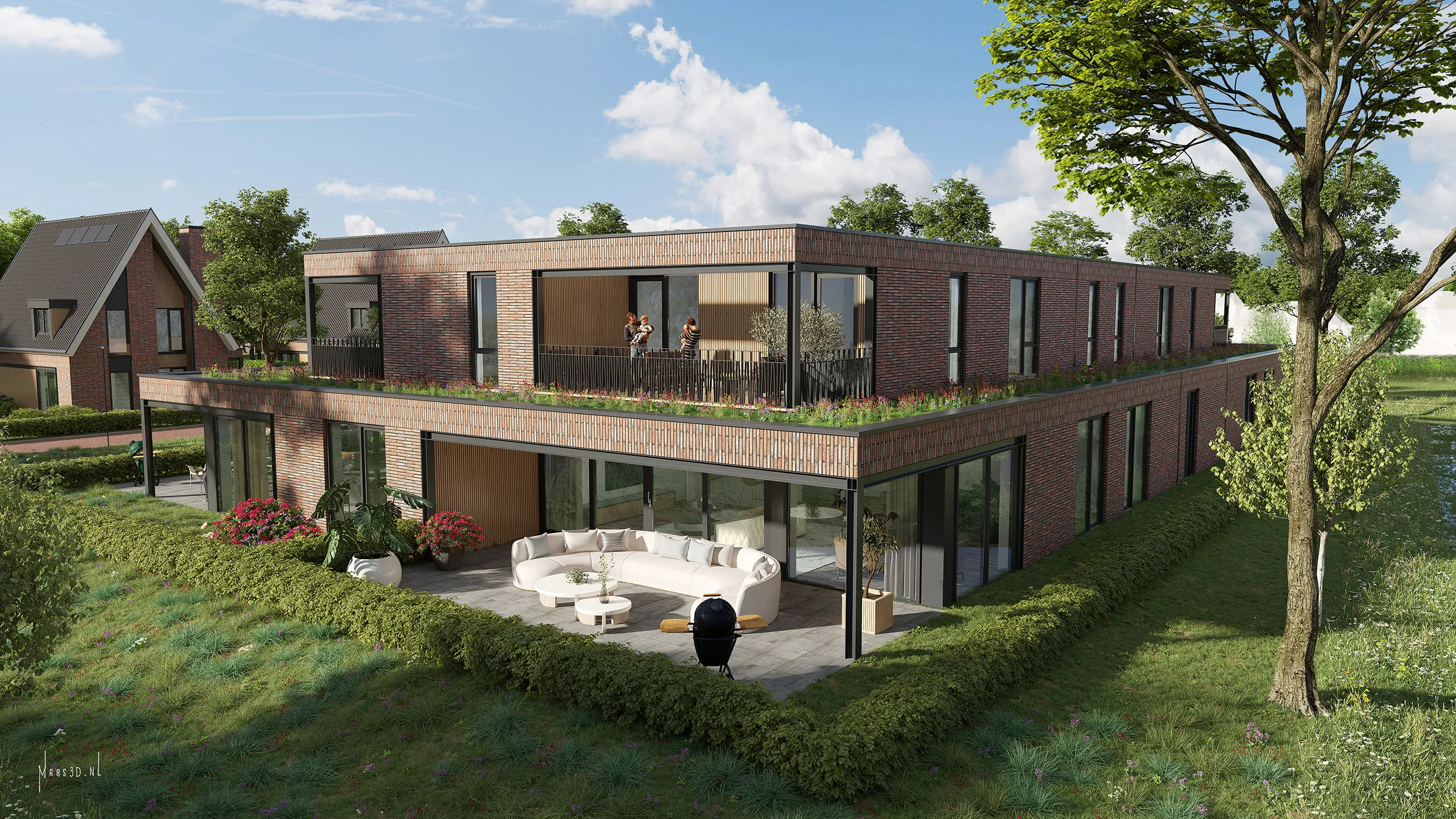 Royale geschakelde villa’s met groene buitenruimtes en privéparkeergarage.